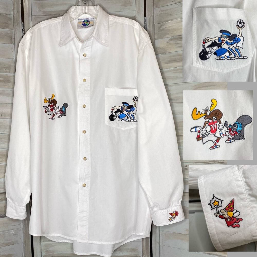 Vintage Universal Studios Bullwinkle & Rocky men’s white button down shirt Large